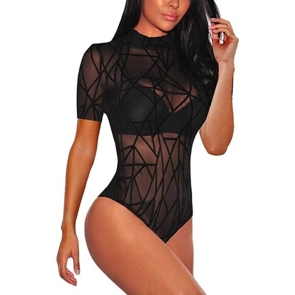 𝅺SHEER Mesh Turtleneck See Through Leotard Bodysuit Body Top Stretchy Sexy NWT - Picture 1 of 6